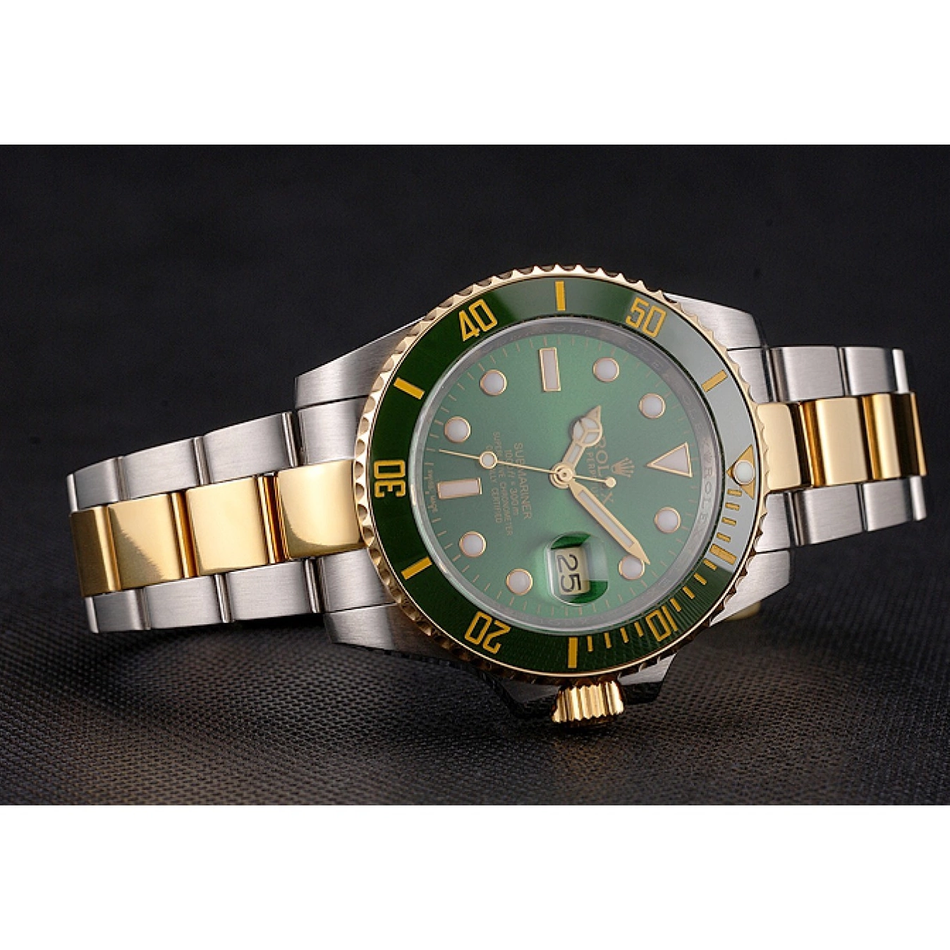 Aaa replica watch Gold Submariner Rolex Green Dial Tone Steel Two Swiss Bracelet Bezel And 0711